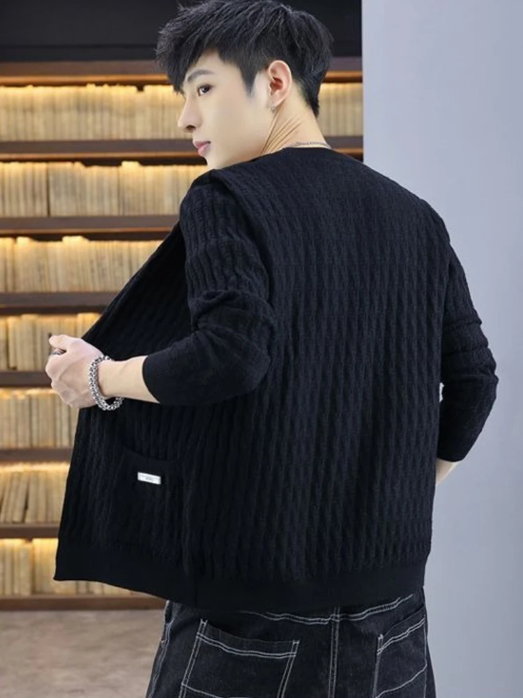 

Сплошной цвет, осенний мужской вязаный кардиган на пуговицах с длинными рукавами, непринужденный повседневный корейский стиль, индивидуальная красивая верхняя одежда для подростков и студентов