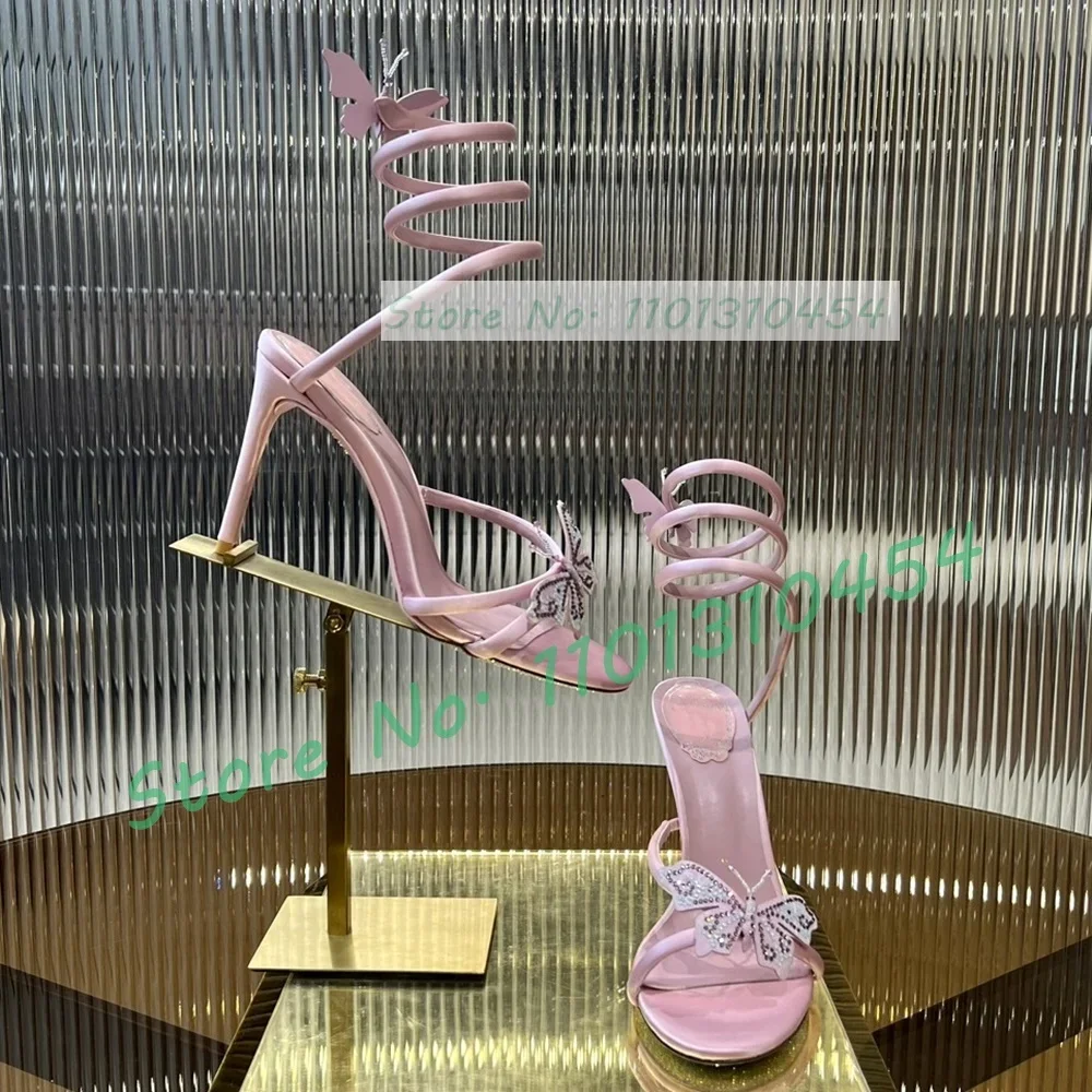 Yellow Butterfly Snake Wrap Sandals Women Gorgeous Trendy Open Toe Crystal Stiletto High Heels Sandals Luxury Cow Leather Shoes