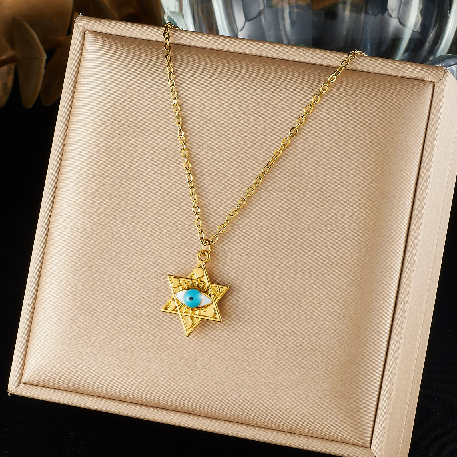 LAMENGLY 316L Stainless Steel Star of Evil Eye Necklace Gold Plated Charm Jewelry Trendy Lucky Protective Gift Partyfor Women