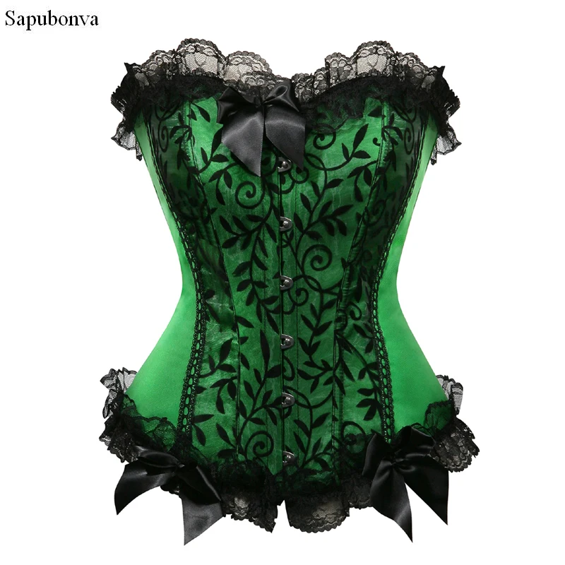 

Sapubonva Sexy Corset Bustier Women Victorian Corselet Overbust Vintage Style Brocade Strapless Corset Floral Satin Green Purple