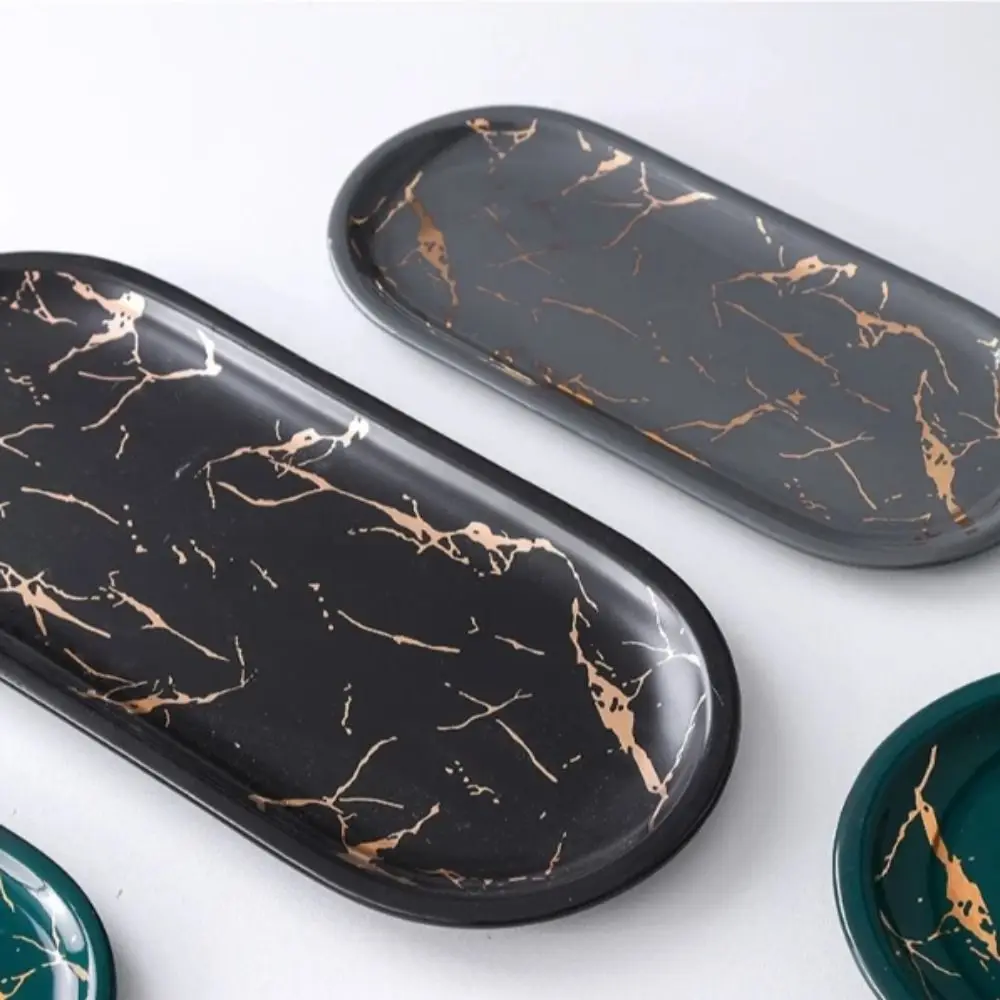 

Marble Texture Nordic Marble Tray Porcelain Material Oval Shape Ceramic Oval Plate Luxury Design Glazed Golden Pattern