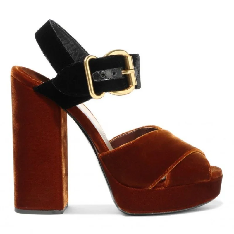 

Европейские и американские женские бархатные босоножки на высоком каблуке в стиле ретро с крестом и открытым носком «рыбий рот» с толстым ремешком и пряжкой