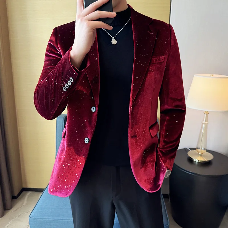 2024 Autumn New Velvet Jacket Men\'s Blazer Business Fashion Hot Stamping Printed Suit Jacket High-quality Luxury Dress Suit