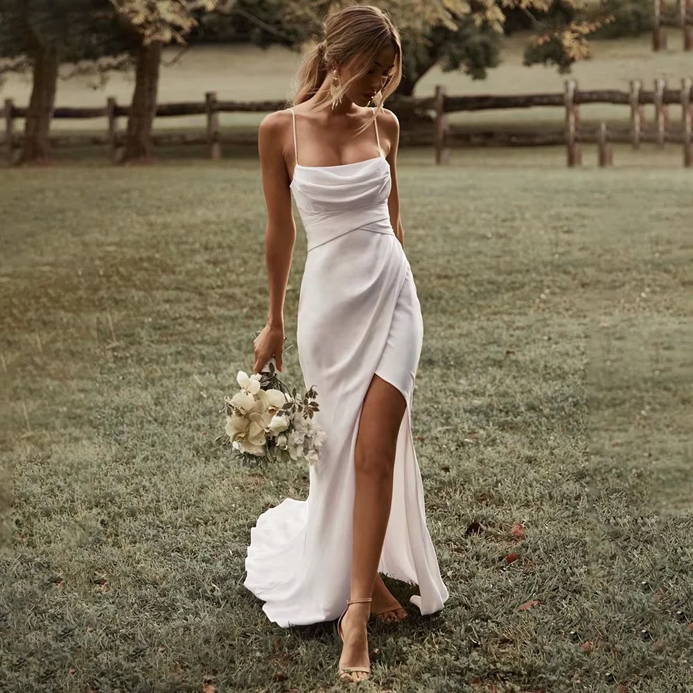 

Customized Simple Mermaid White Wedding Dress For Woman Bride High Slit Satin Backless Plain Sweep Train Vestidos Bridal Gown