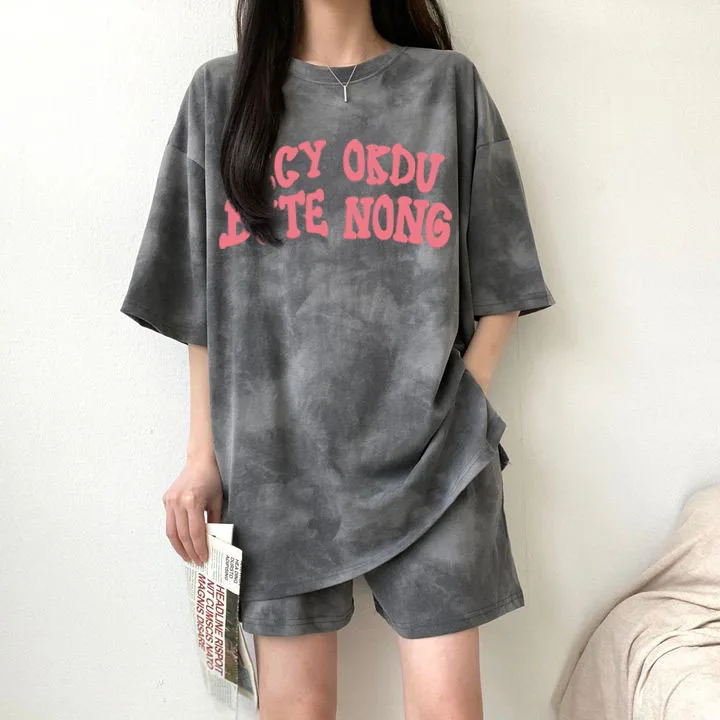 Women T-shirt Shorts Set Tie Dye Loose Daily Wear Top Pants 2 Piece Sets Loose Mid Length Top Mini Shorts Plus Size Sport Suits