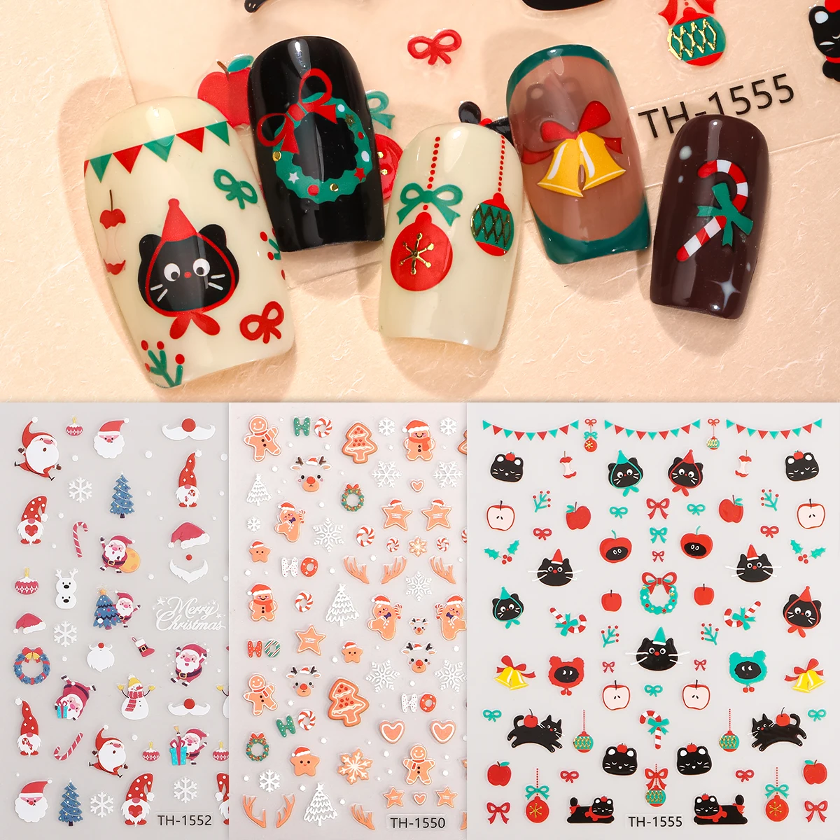 

3pcs Cartoon Christmas Nail Art Sticker Ultra-thin Self-Adhesive 3D Santa Claus Cat Gingerbread Man Nail Decal for DIY Manicure