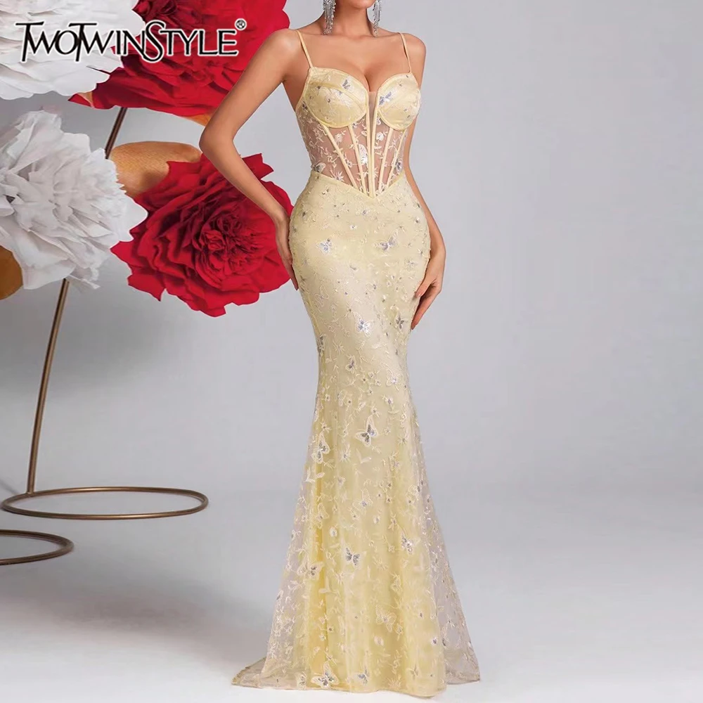 TWOTWINSTYLE, vestidos elegantes adelgazantes con bordado empalmado transparente para mujer, vestido largo tipo túnica sin mangas con cuello cuadrado, ropa femenina