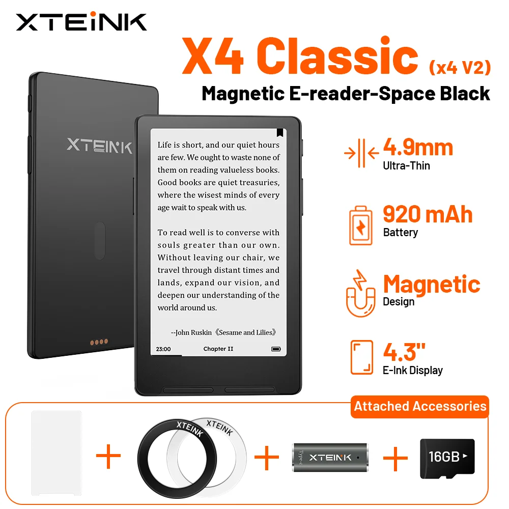 XTEINK X4 Classic (X4 V2) 4,3" magnetische zak e-reader, ultradun, 4,9 mm, e-paper, 920 mAh batterij, ontgrendeld, officiële wereldwijde versie