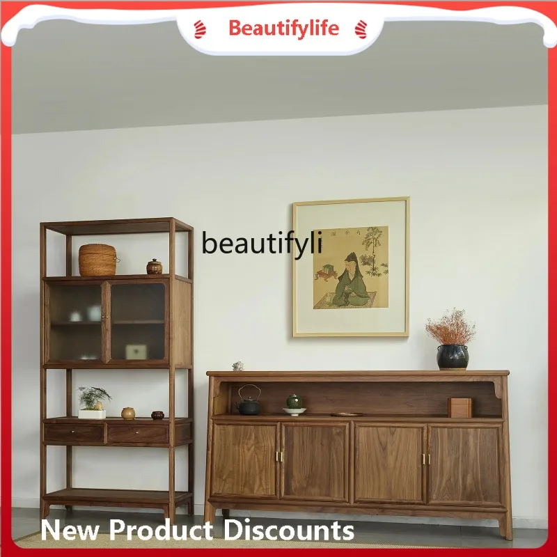 A506 New Chinese-style North American black walnut, storage, side cabinet, living room solid wood tea cabinet against the wall