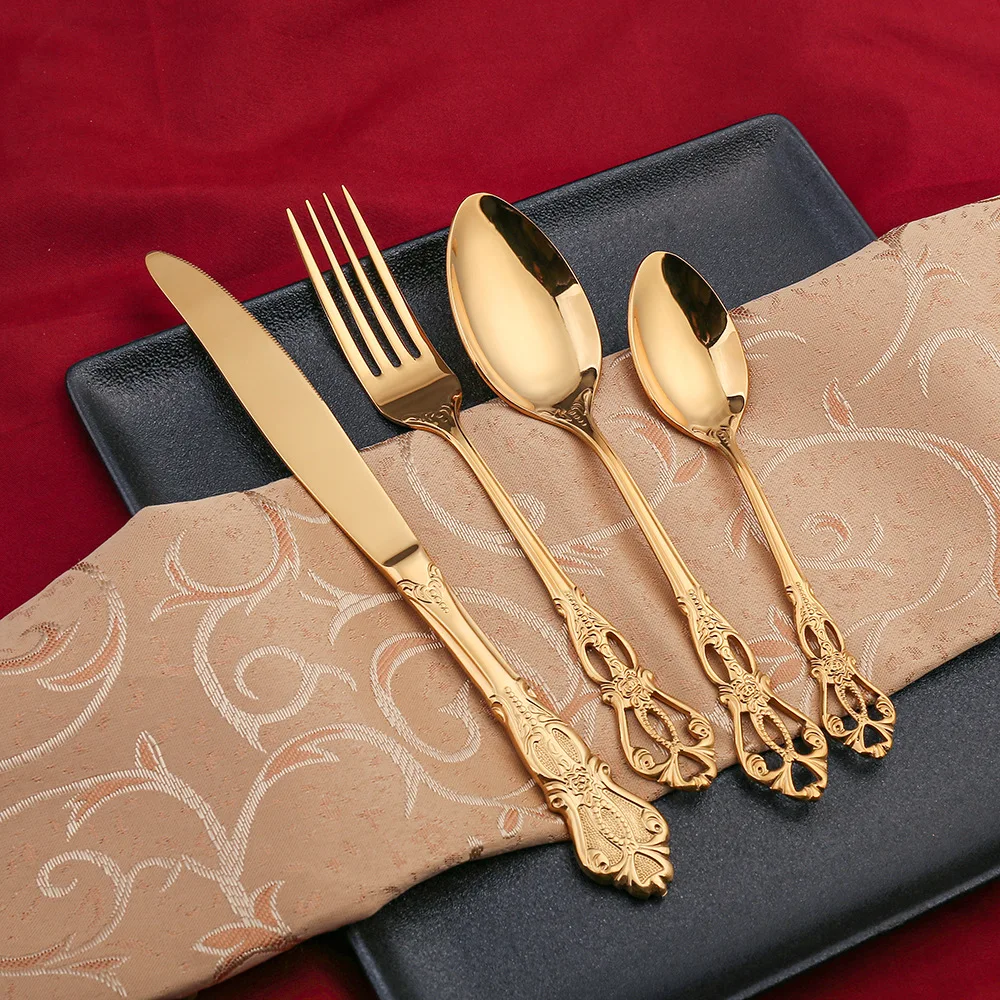 Gold Silverware Royal Vintage Wedding Luxury Gift Stainless Steel Knife Spoon Fork Flatware Cutlery Set