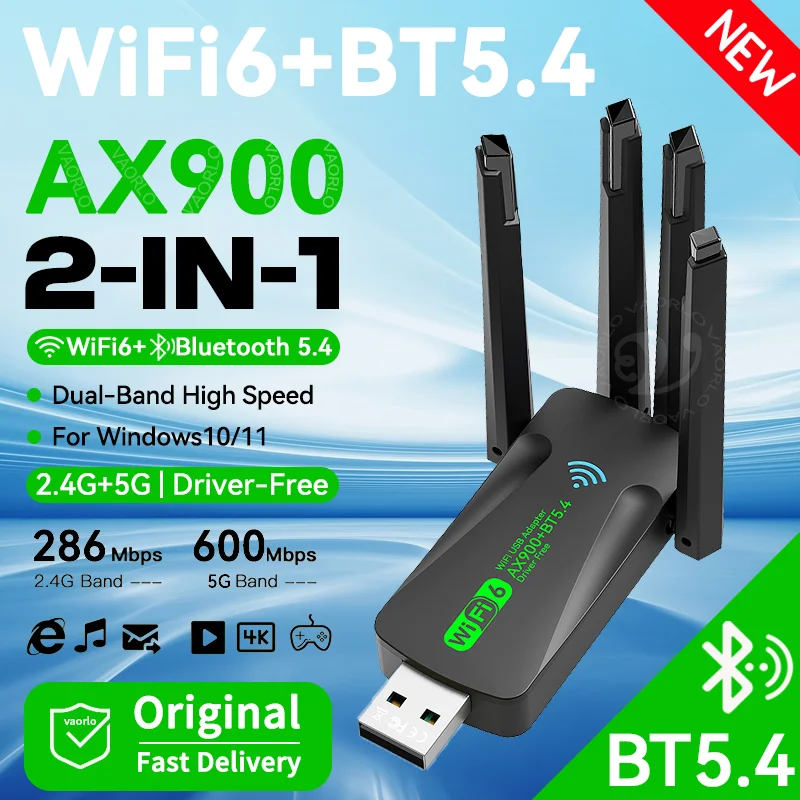 AX900 WIFI6 Bluetooth 5.4 USB Wireless Adapter 2.4G/5Ghz 900Mbps Dual Band 4-Antennas WiFi Network Card Dongle Only For WIN10/11