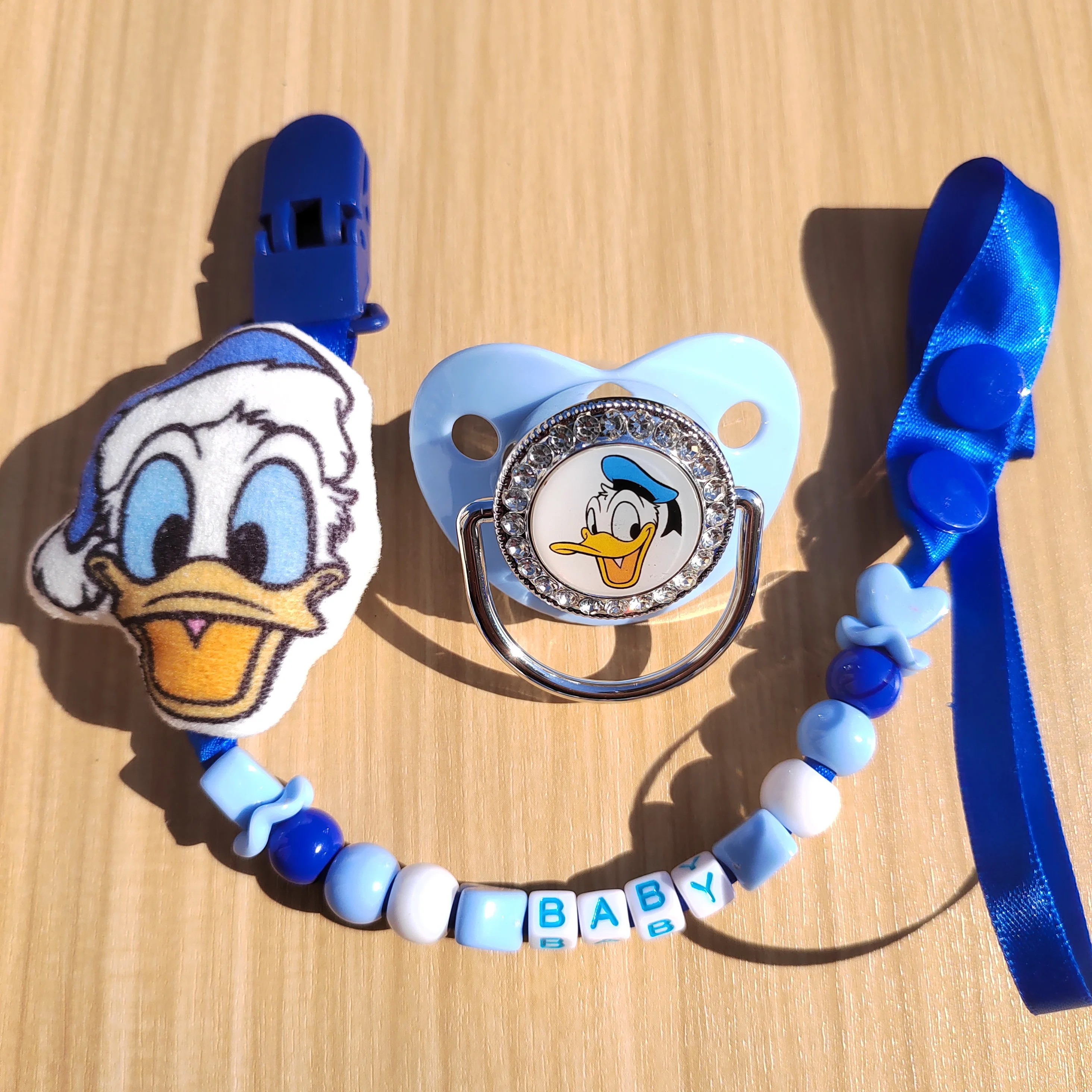 [Donald Duck Cartoon print] Baby Pacifier with custom letter chain Clip Baby BPA-free Luxury Bling Pacifier Silicone dummy 0-18M