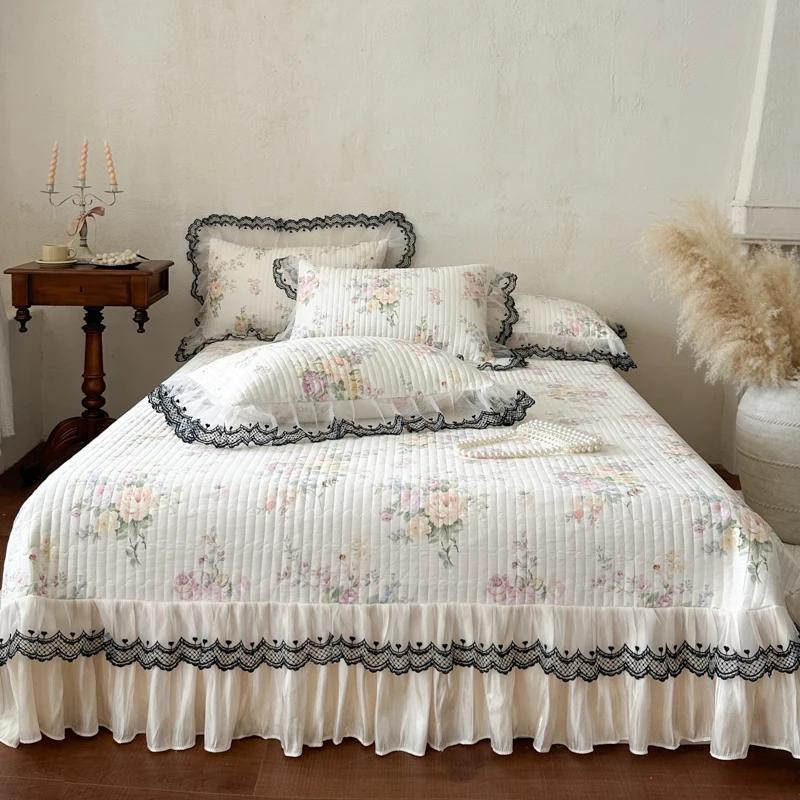 AI WINSURE-Printed Cotton Bedspread Set, Queen Size Bed Sheet, with 2 Pillowcases, Elegant Lace Double Coverlet, 3PCS