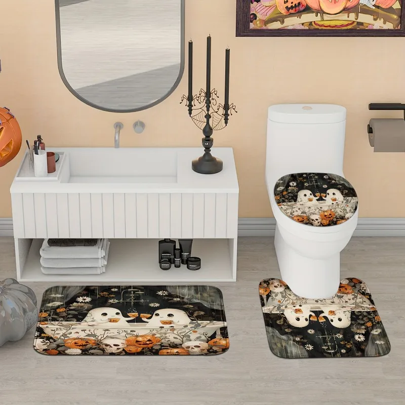 1/4PCS Halloween Ghost Pumpkin Skull Shower Curtain Set with Non-Slip Rugs Toilet Lid Cover and Bath Mat Washable Trick or Treat