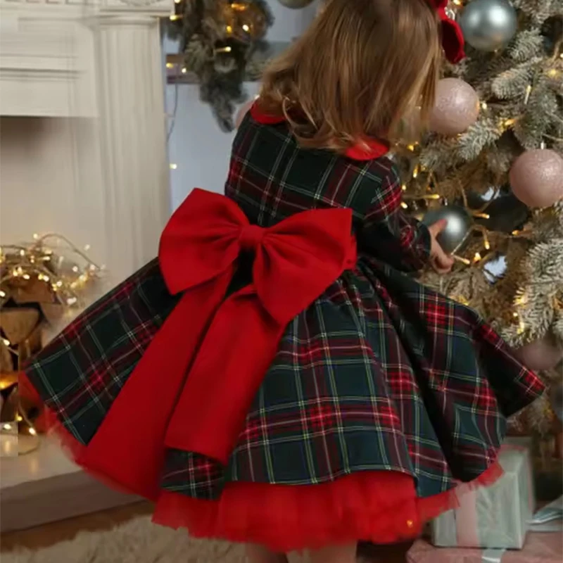 

Girls' Party Dresses Cute Children's Clothing Polo Princess Dress Long Sleeve Plaid Bow Dress Christmas Kids Girl Gown