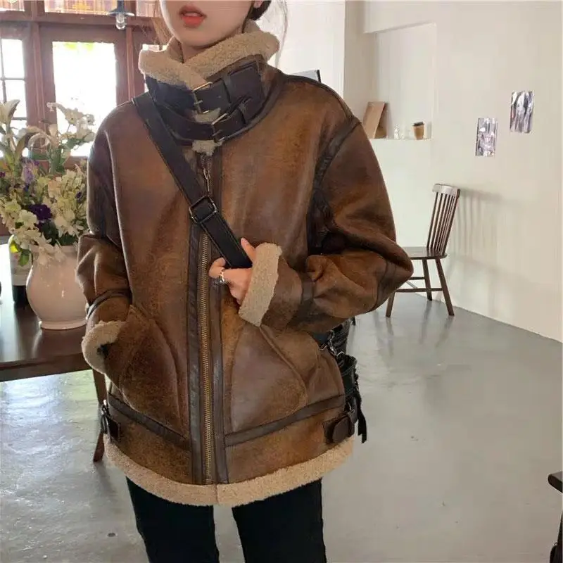 

Women Retro with Lace Up Jackets Thick Warm Long Sleeved Casual Cold Coat High Quality Lamb Wool Riding Warm Jackets