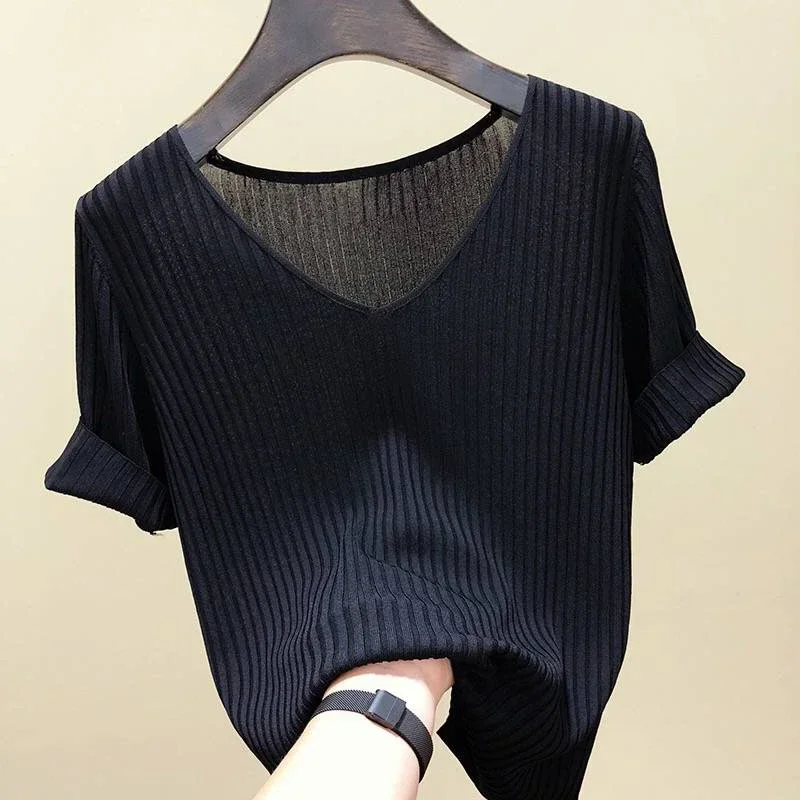 2026 Knitted short sleeve Women V-Neck T Shirts Blue Slim Black thin knit Orange Tops Ladies Summer Camiseta Summer T shirts