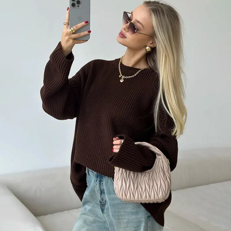 

Ticketsx однотонный вязаный свитер женский новый однотонный свободный ажурный лоскутный пуловер модный повседневный офисный женский свитер