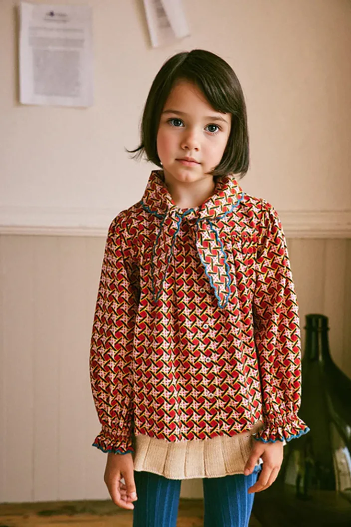 2025 Nordic Autumn/Winter New Plaid High-Neck Long-Sleeve Girls Top Casual Cotton Childrens T-Shirt Base Layer