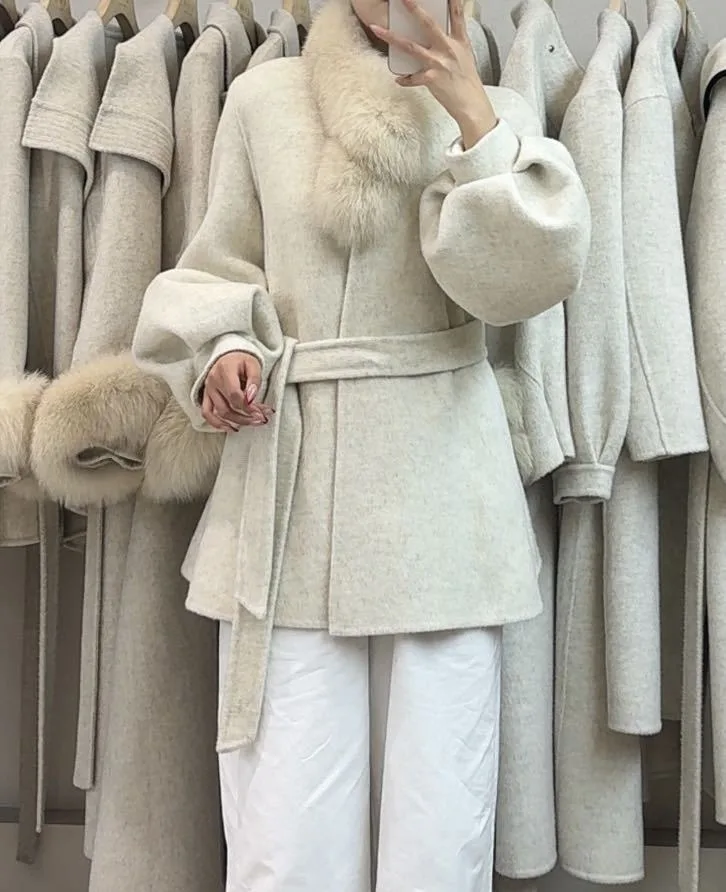 OFTBUY Women's Short Wool Coat Real Fox Fur Collar Belted Waist Woolen Clothing Winter Warm Luxury Slim Solid Color Outerwear