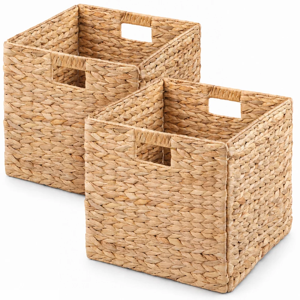 Water Hyacinth Folding Storage Baskets, Set of 2, Natural, Handwoven Cube Baskets with Cutout Handles – Shelf Organizer, Toy Storage, Closet Storage