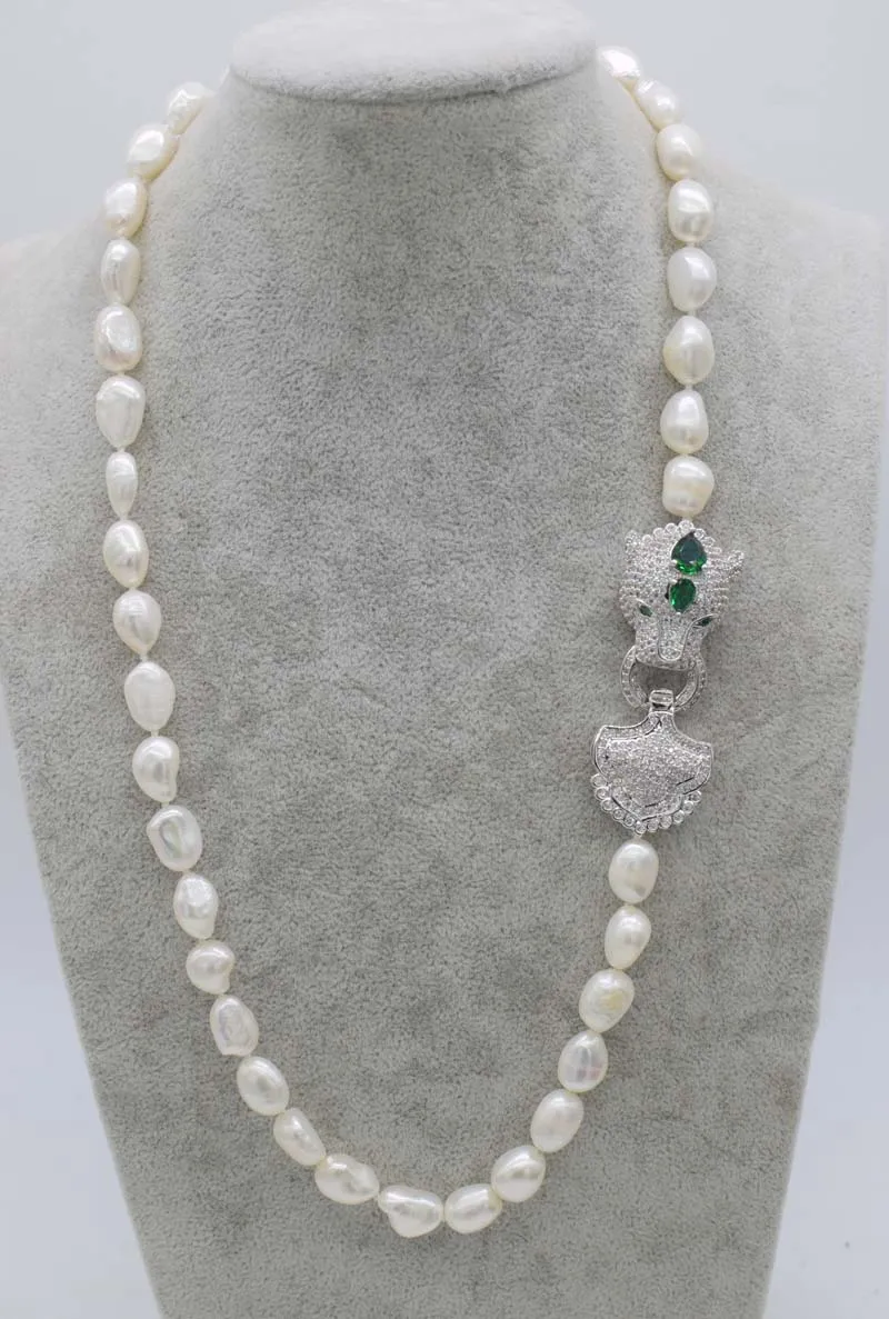 

Hand knotted baroque necklace freshwater pearl white 10-10mm wholesale 24inch leopard clasp