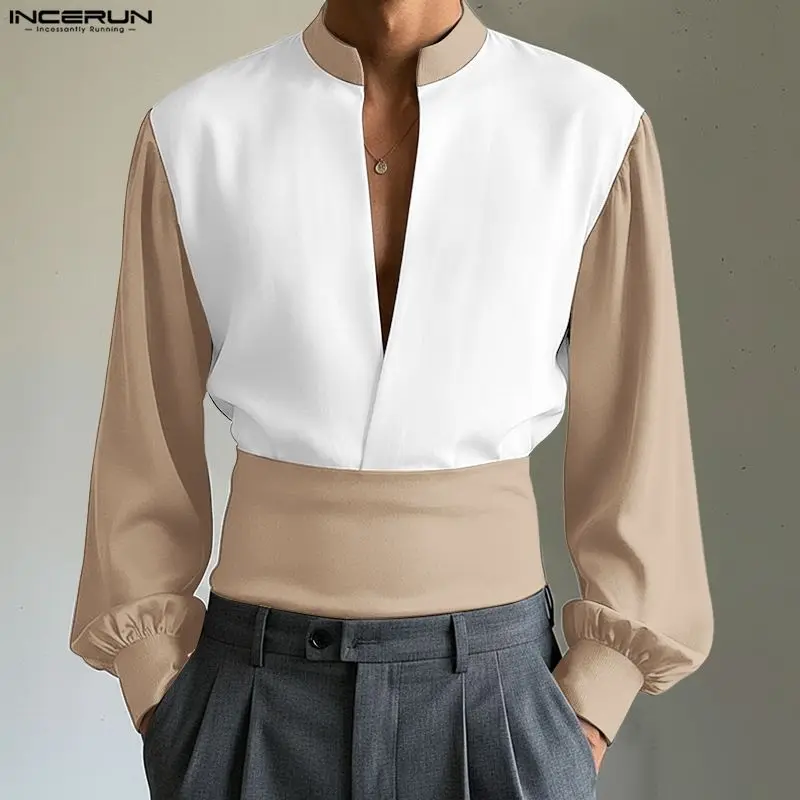 INCERUN Men Shirt Patchwork Color-block V Neck Long Sleeve Men Clothes Streetwear Loose 2026 Fashion Casual Shirts For Man Tops