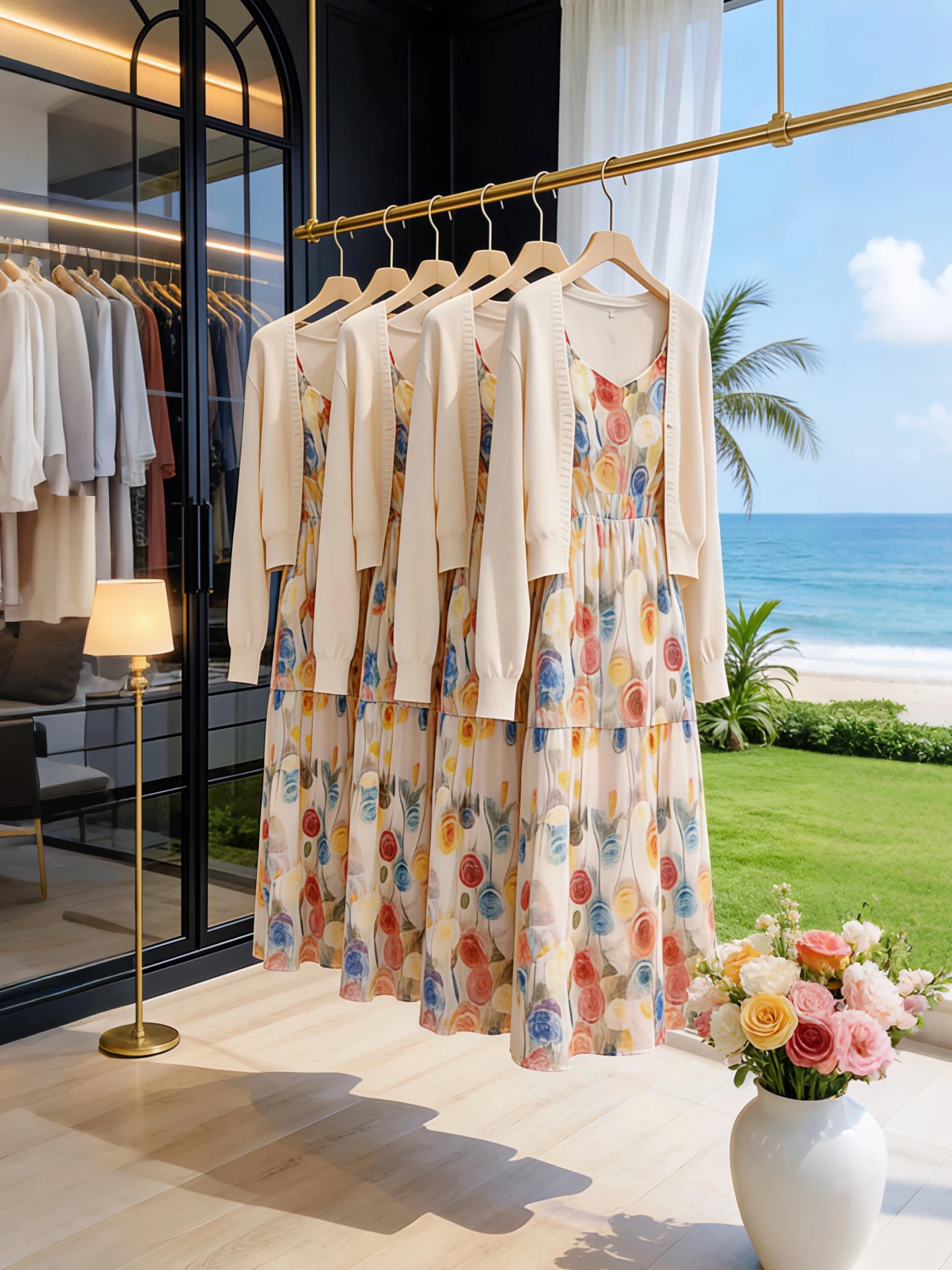 

2026 Summer Floral Print Dress And Knitted Cardigan Set Women's Fashion Ensemble Gentle Style Long Sleeve V-Neck Midi Dress