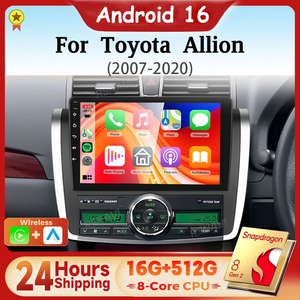 Android 16 Qualcomm Carplay Auto 2K Screen Car Radio Multimedia Player For Toyota Allion T260 2007 - 2020 Autoradio Snapdragon