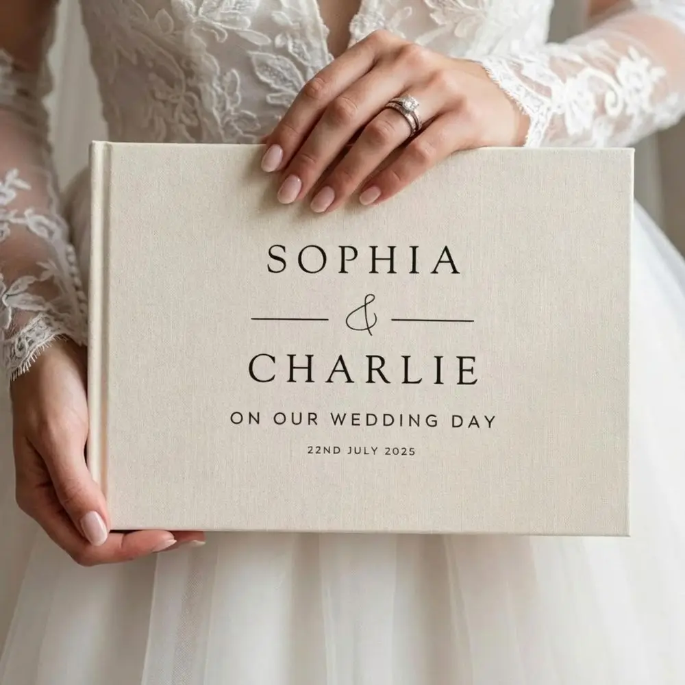 Custom Linen Wedding Guest Book A4 Size Personalized Names Date Sign In Book Rustic Wedding Reception Memory Keepsake Guestbook