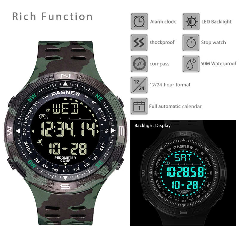 متعددة الوظائف الرياضة ساعة للرجال ، البوصلة الرقمية الكبيرة ، ساعة اليد الإلكترونية ، الصبي العودة التوجيه ، مقاوم للماء ساعة اليد العسكرية