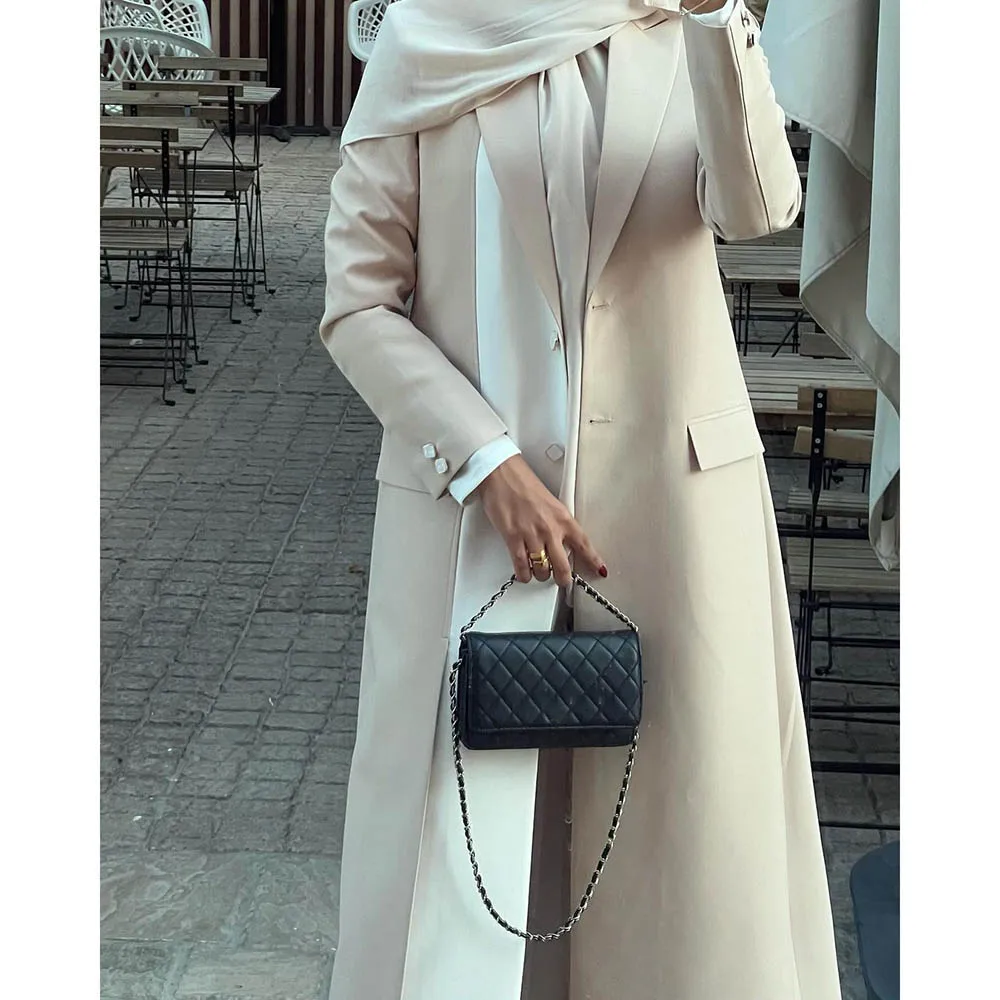 Abayas à double boutonnage pour femmes, blazer formel à revers Patricia, vêtements féminins musulmans de Dubaï, blanc et beige, mode de luxe, Oupill2024