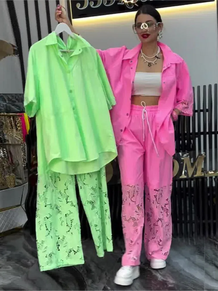 Mode Langarm-shirt Gespleißt Spitze Zwei-stück frauen Hosen Anzug Frühling Sommer Elegante Casual Solide Frau 2-stück Set Outfit