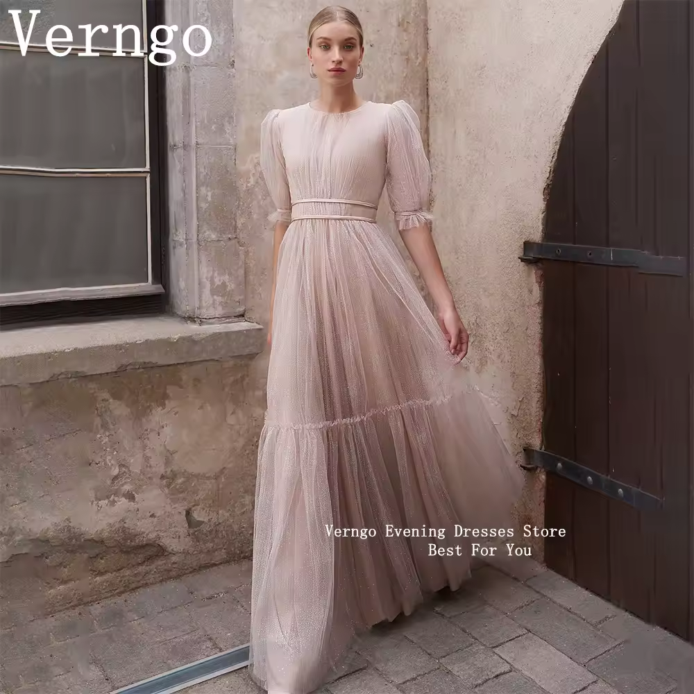 Verngo נצנצים פסול שמלות נשף ורוד בהיר ורוד שמלת חתונה 2024 שרוולים קצרים