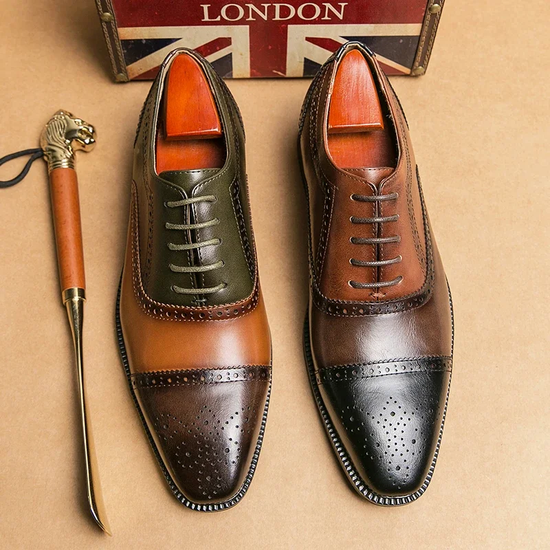 New Men Dress Shoes Brogue Shoes Square Toe Mixed Colors Lace-up Business Shoes for Men with 
