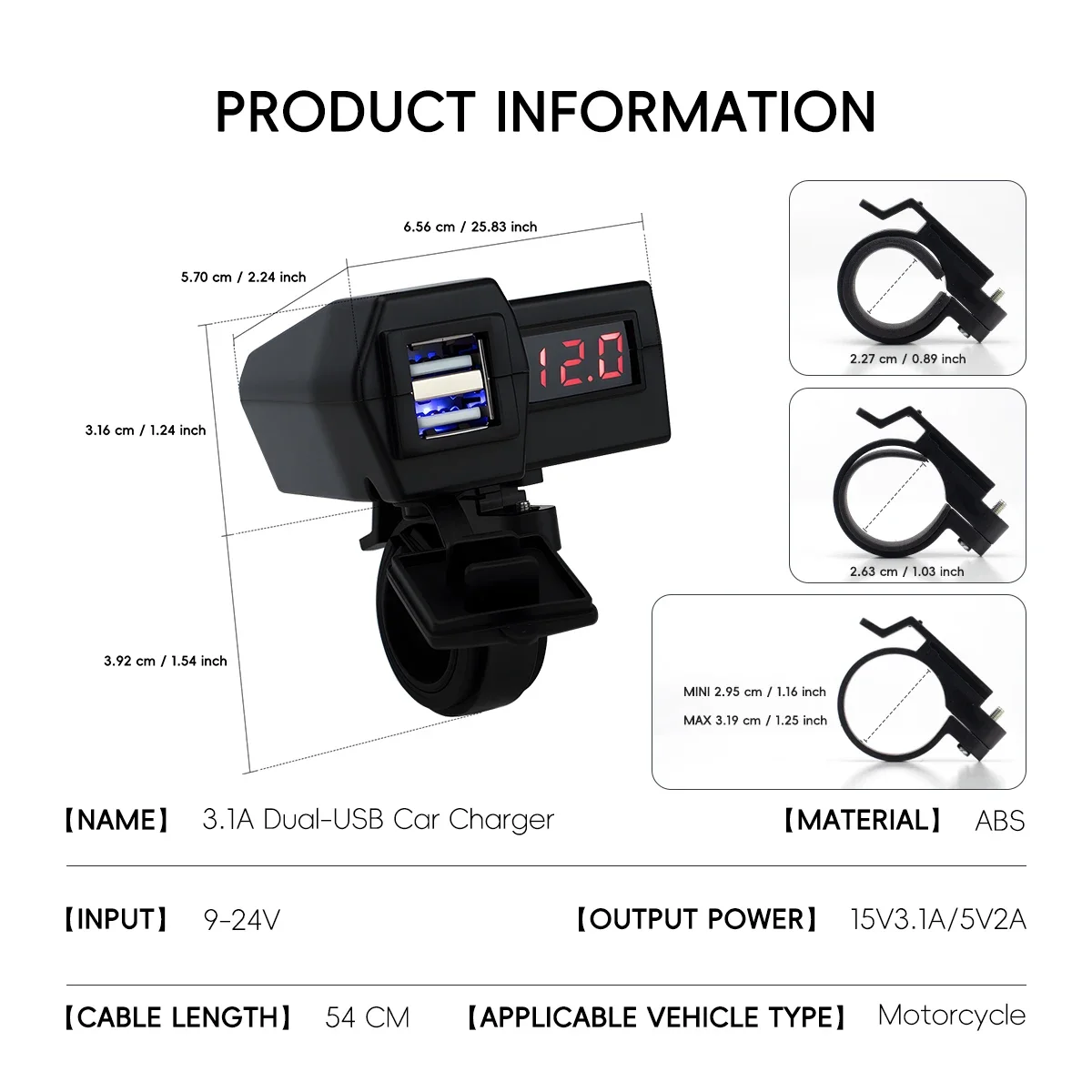 1x Motorcycle USB Fast Charger Handle Style Dual USB Socket with Switch Voltmeter Waterproof 12V Phone Power Supply Adapter Kit
