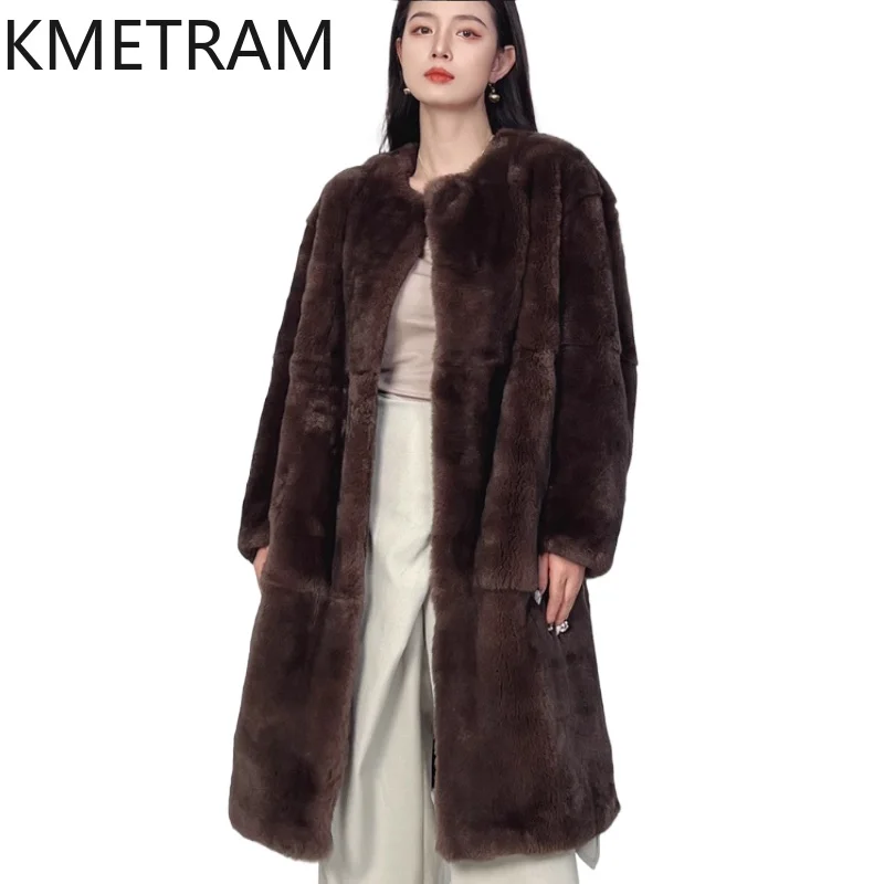

Natural Rex Rabbit Fur Coat Women Luxury Coffee Colored Mid Length Real Fur Coats Woman High Quality Winter Clothes 2025 шуба