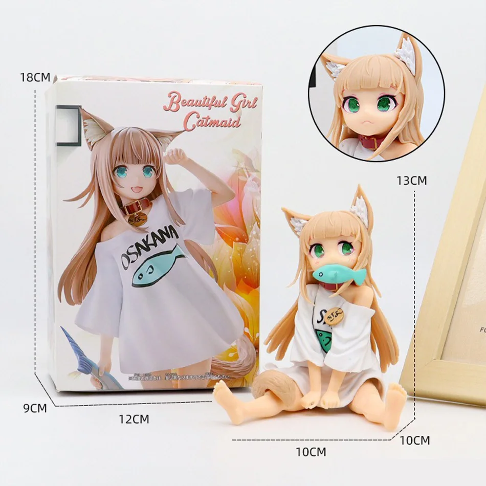Kawaii القط فتاة أنيمي الشكل 13-18 سنتيمتر يجلس أكل الأسماك الذهبي رئيس تحصيل بولي كلوريد الفينيل نموذج دمية لعبة على أساس ساكورا فول الصويا