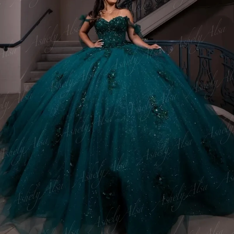 Maßgeschneidertes Hunter Green Mexikanisches Frauen-Abschlussball-Geburtstagsparty-Kleid, Spitzenapplikation, Korsett, Ballkleid, süßes 15/16 Quinceanera-Kleid