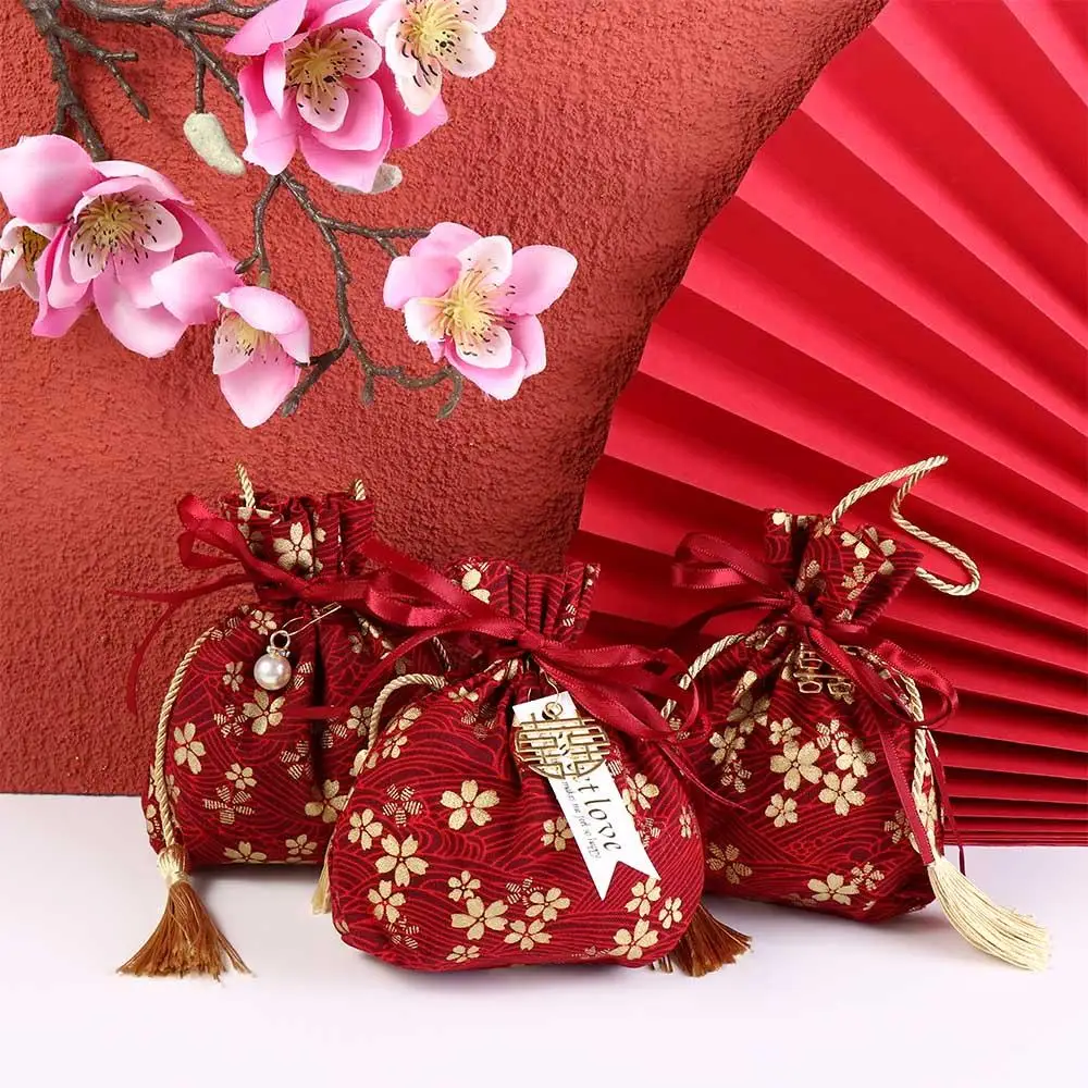 

Sakura Canvas Flower Drawstring Bag Pearl Pendant Satin Bow Ribbon Bow Wrist Bag Large Capacity Stripe