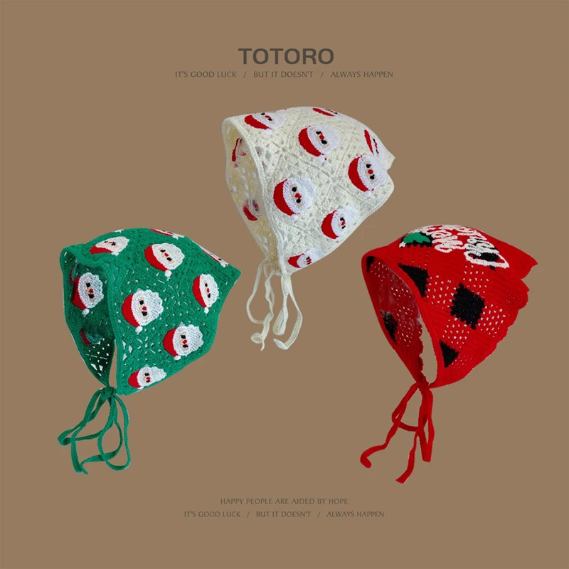 

Sweet Cute Christmas Elements Triangle Hair Scarf for Women Pastoral Style Travel Photo Atmosphere Versatile Retro Pullover Cap