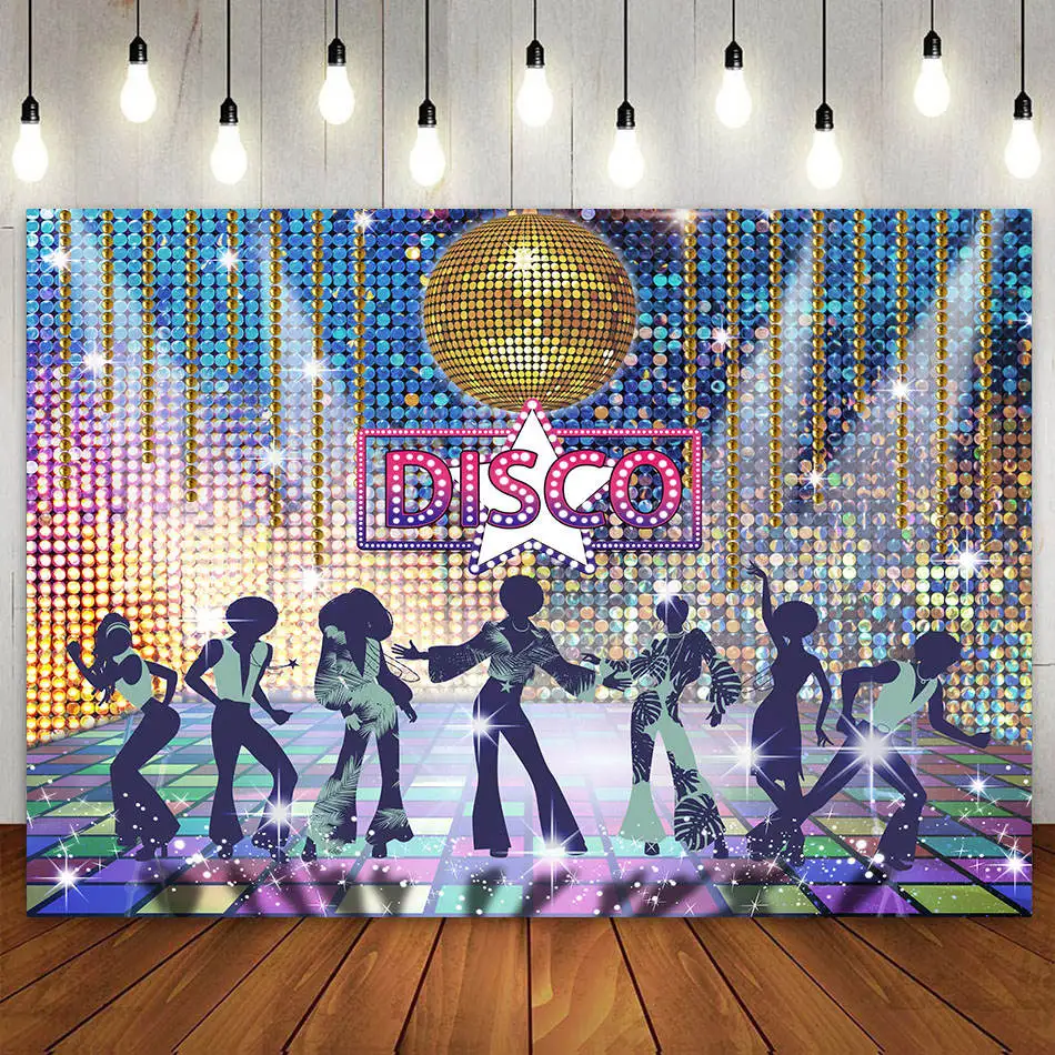 

Disco Theme Birthday Party Decoration Backdrop Back to 50s 60s 70s 80s 90s Let's Boogie Noen Night Stage Photography Background