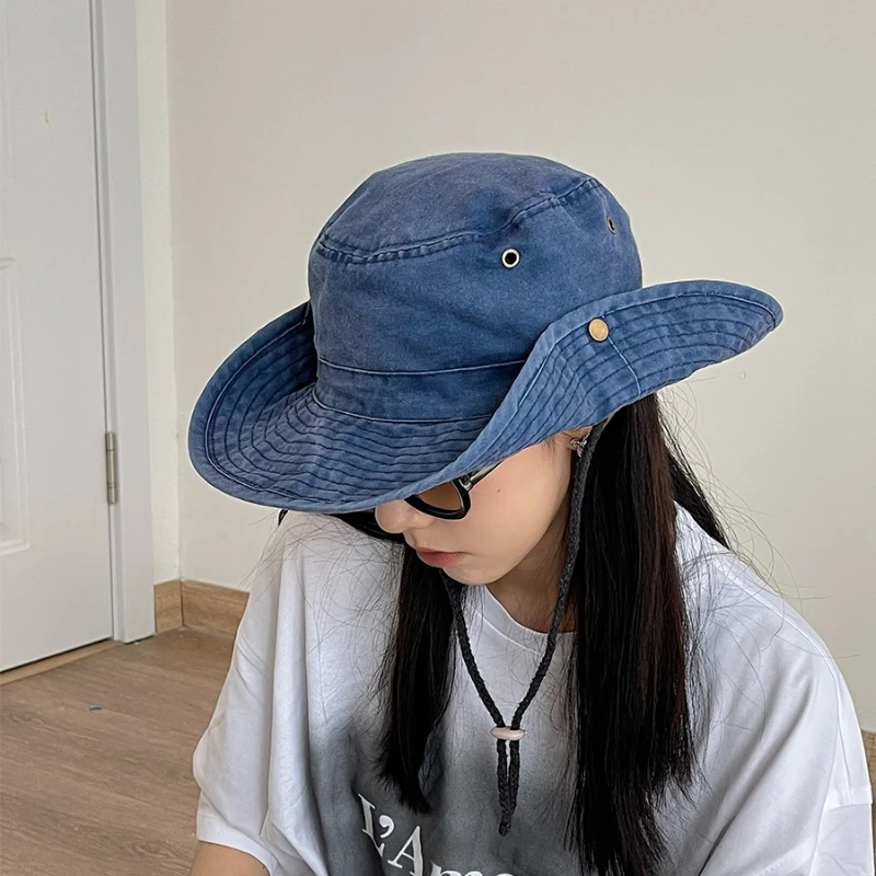 Simple Bucket Hat Women Summer Breathable Retro Washed Denim  Bucket Hat Panama Jungle Fishing Hats Novelty Men Beach Cap