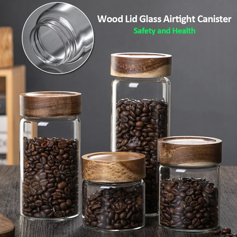 Kitchen Storage Bottles Jar Wood Lid Glass Airtight Canister Sealed Food Container Tea Coffee Beans Grains Candy Jars Organizer