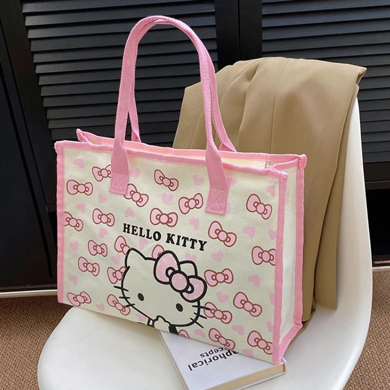 Hello Kitty All Match Canvas Bag Women Commuter Shoulder Handbag Girl Student Large Capacity Cartoon Schoolbag