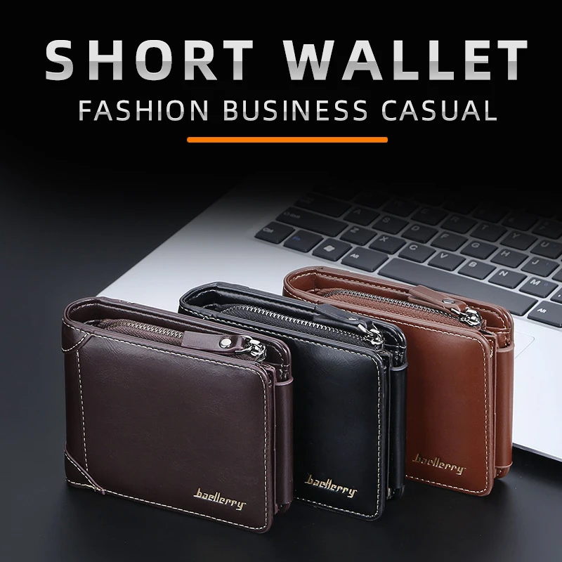 Cartera Corta para Hombre, Estilo Europeo y Americano, con Múltiples Ranuras para Tarjetas, Monedero Triple con Cierre, Bolsa para Monedas, Moderna