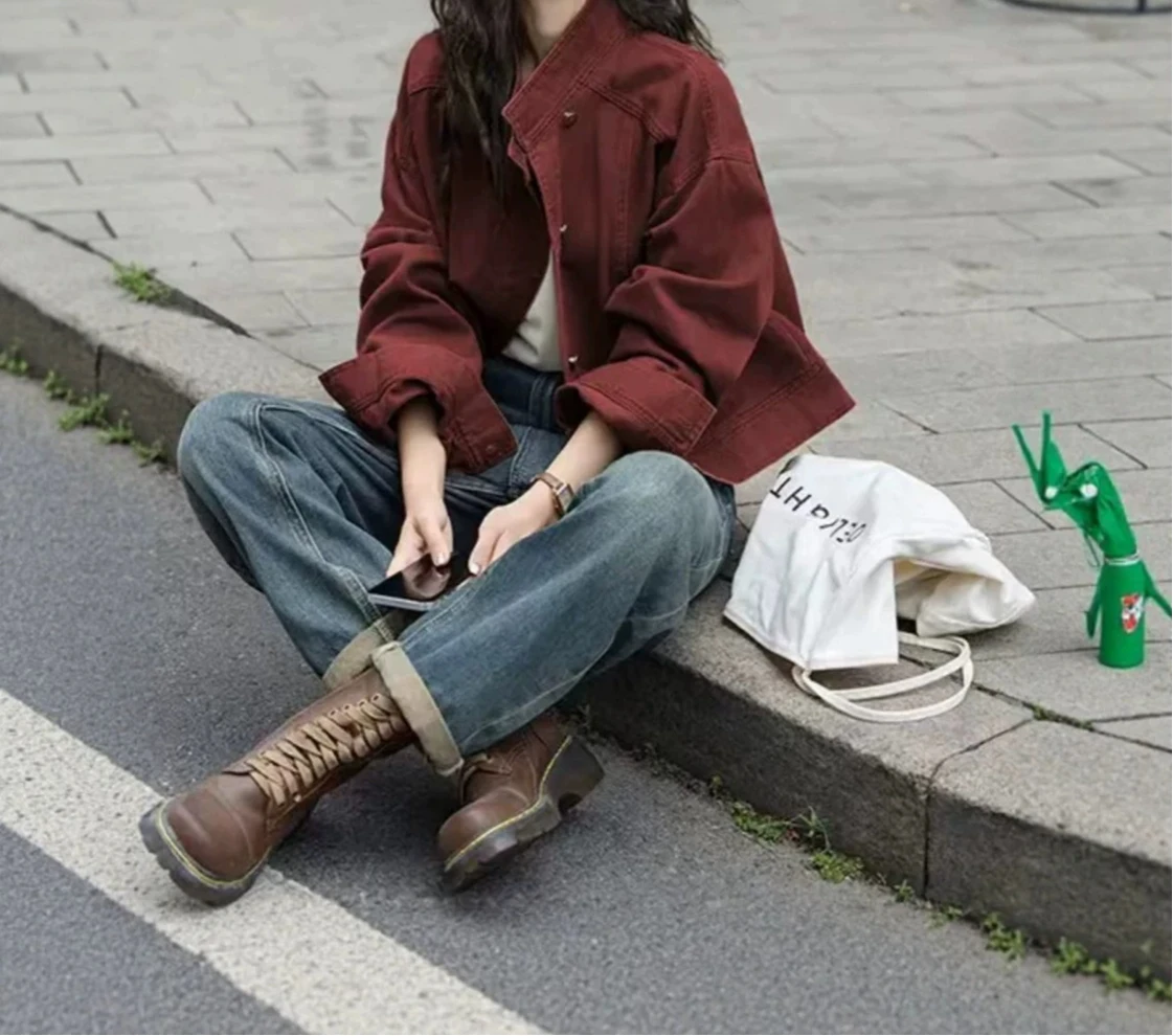 2026 Early Spring and Autumn New Casual Retro Denim Jacket Women's Design Sense Stand-up Collar Temperament Tooling Jacket Top