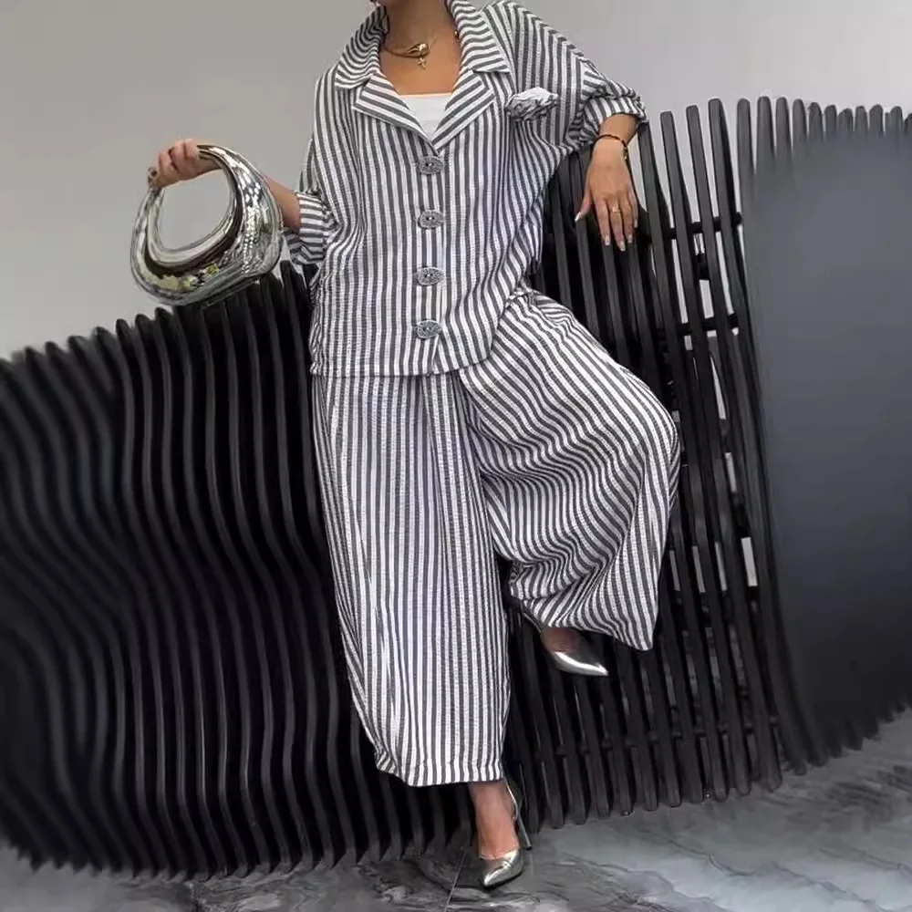 

2025 Spring Fall Women's 2 Piece Set Suit Office Lady Floral Striped Loose Blazer Casual Wide Leg Pants Suits For Women Clothing