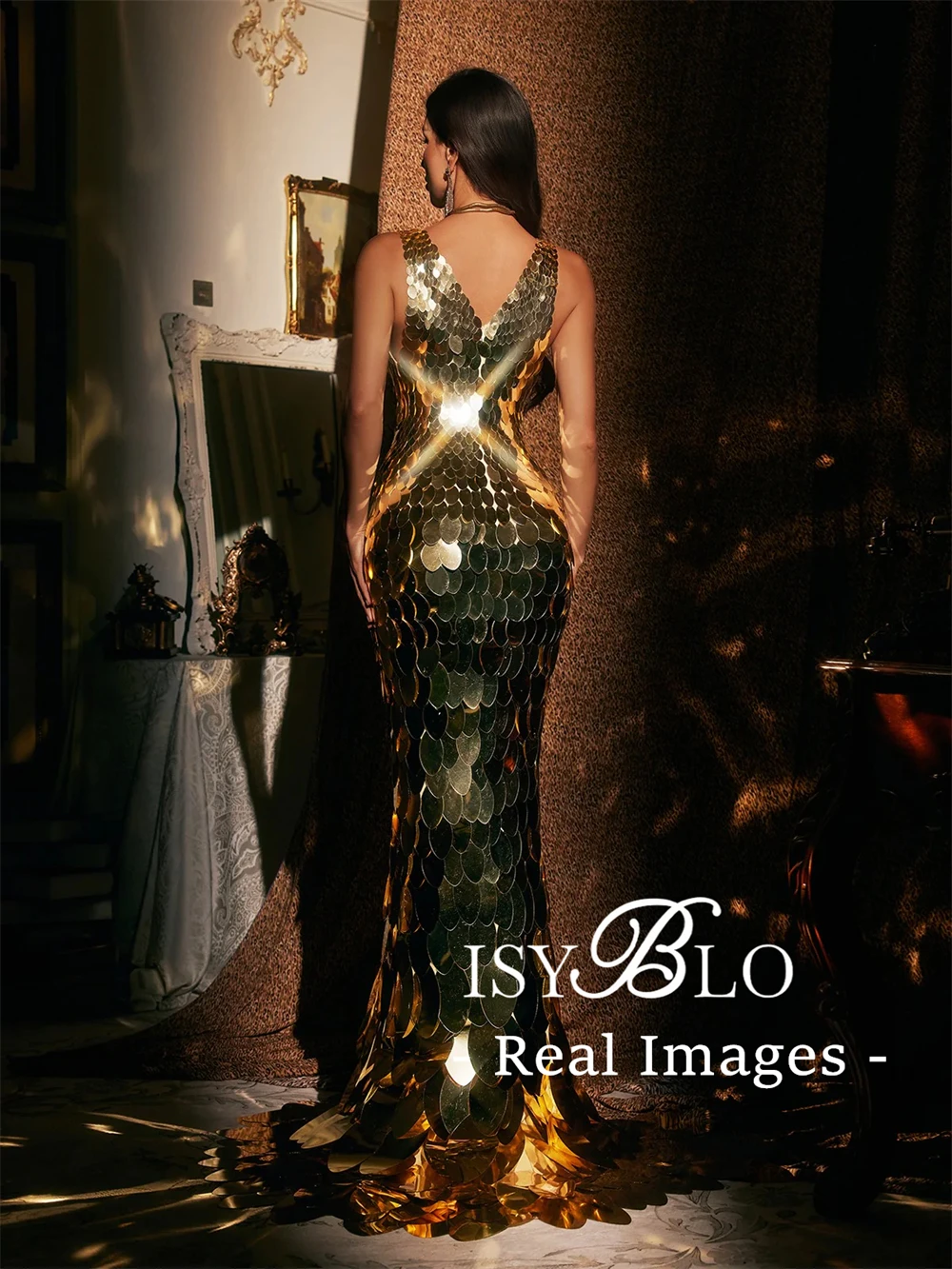 ISYBLO Metallic Luster Maxi Dress for Formal Occasions, Tank Sleeves Sheath Long Evening Dresses, Real Images Pageant Prom Gown