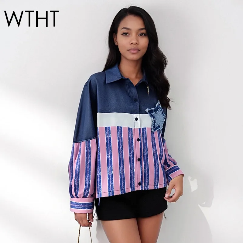 

WTHT модная женская полосатая джинсовая рубашка контрастного цвета в стиле пэчворк, осень 2022, модная блузка с длинными рукавами и лацканами, женская 1LS2542
